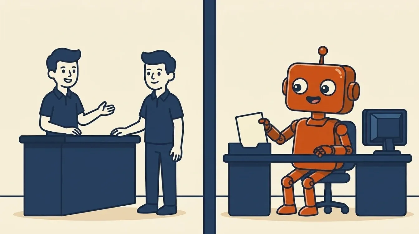 Cartoon: a business owner serves a customer while an orange robot handles admin in the back office.