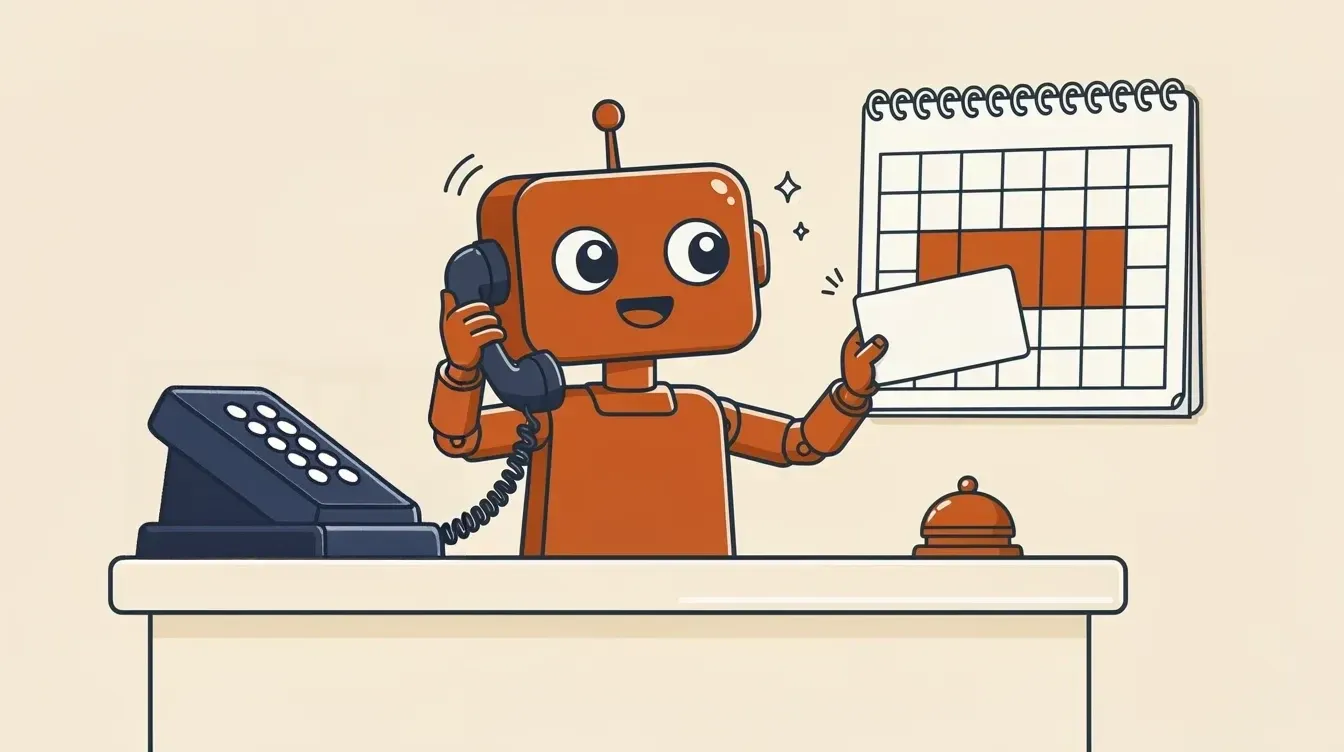 Cartoon: a friendly orange robot receptionist answers a telephone at a reception desk while placing an appointment card on a wall calendar