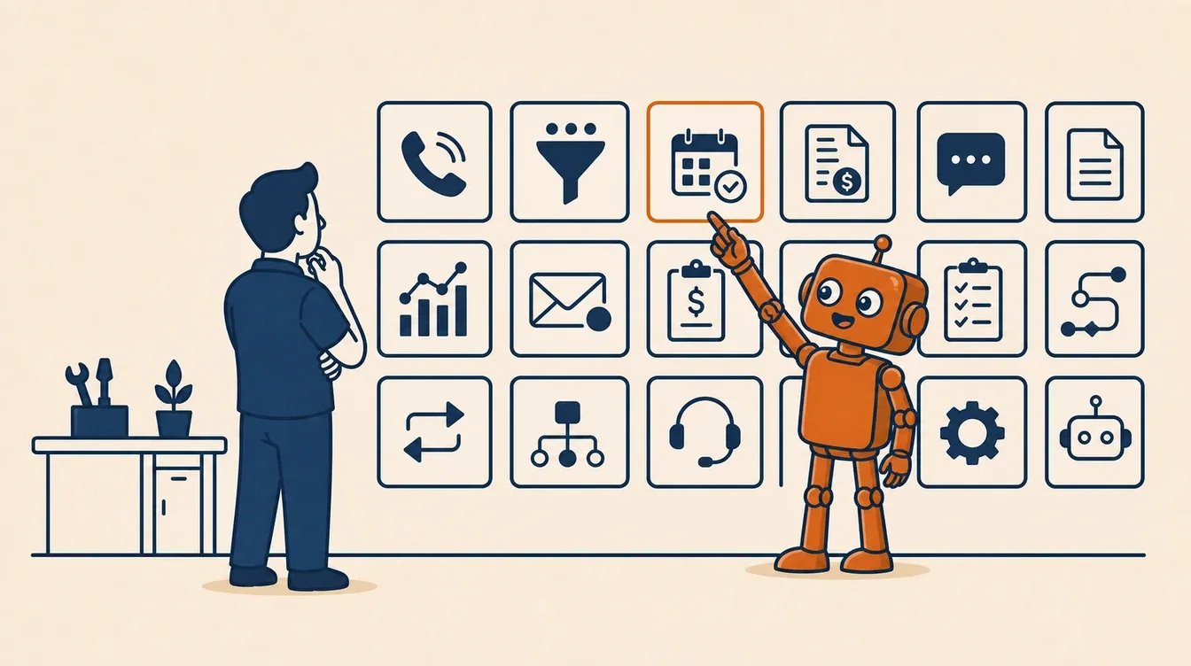 Cartoon: a small-business owner and an orange robot choose from a wall of AI workflow options.