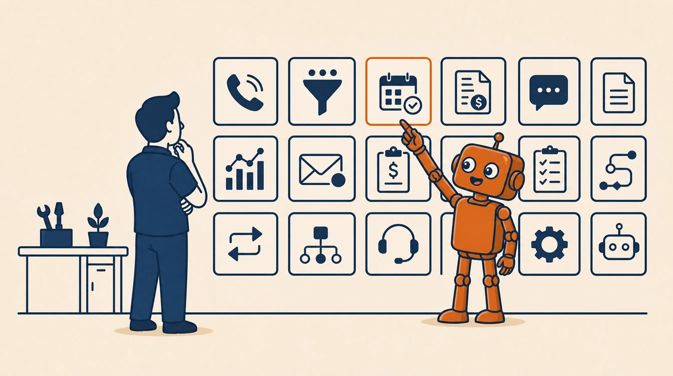 Cartoon: a small-business owner and an orange robot choose from a wall of AI workflow options.
