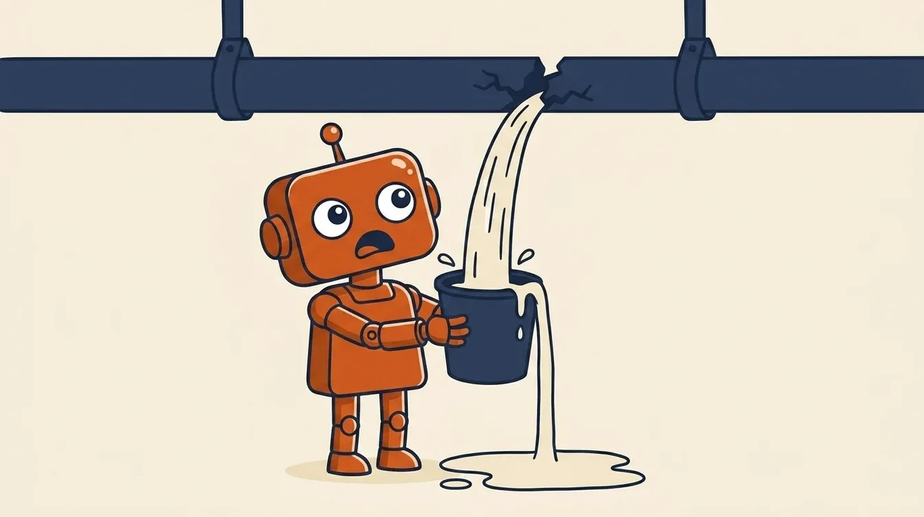 A shocked robot holds a bucket under a cracked overhead pipe as water overflows