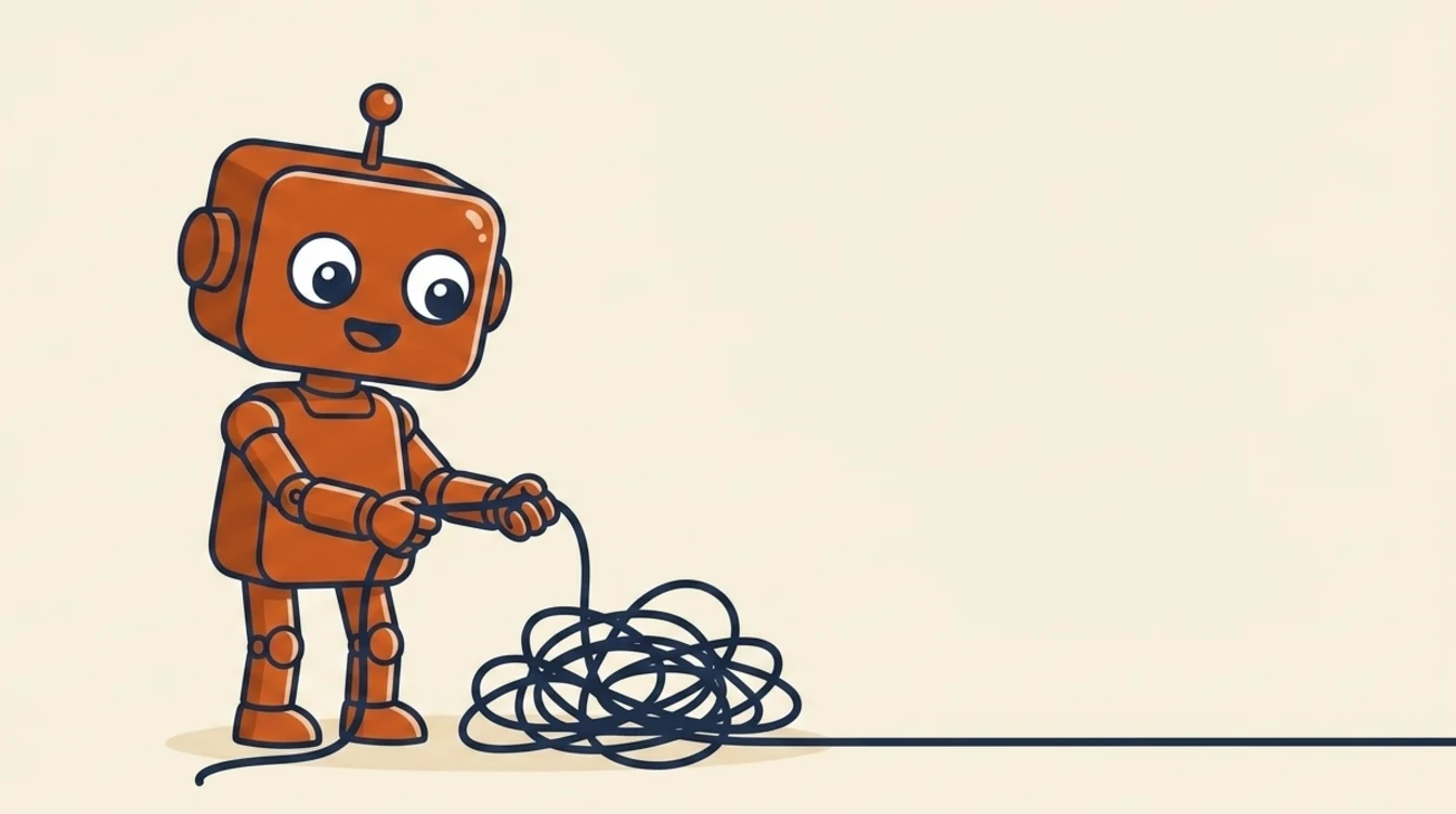 Cartoon: an orange robot pulls one clean strand out of a tangle of navy string