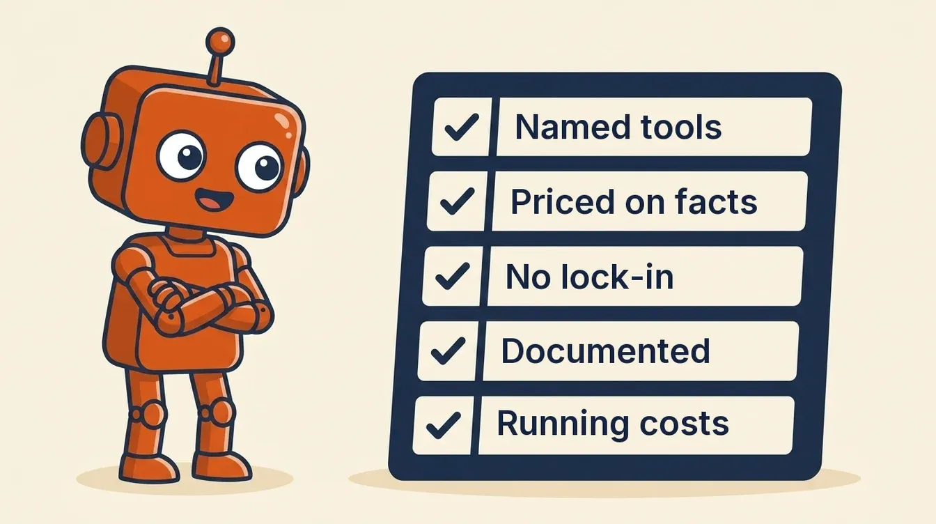 An orange robot with folded arms beside a navy checklist of five things to ask an AI automation agency