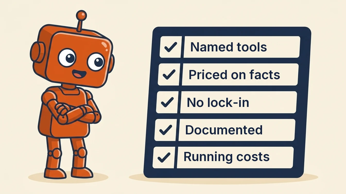 An orange robot with folded arms beside a navy checklist of five things to ask an AI automation agency